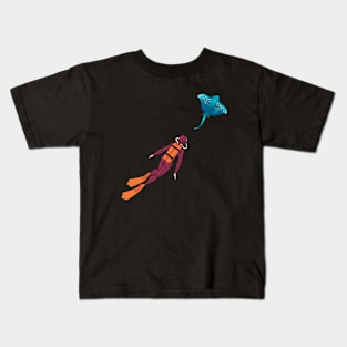 diver observes a stingray, minimalistic graphics for diving addict Kids T-Shirt